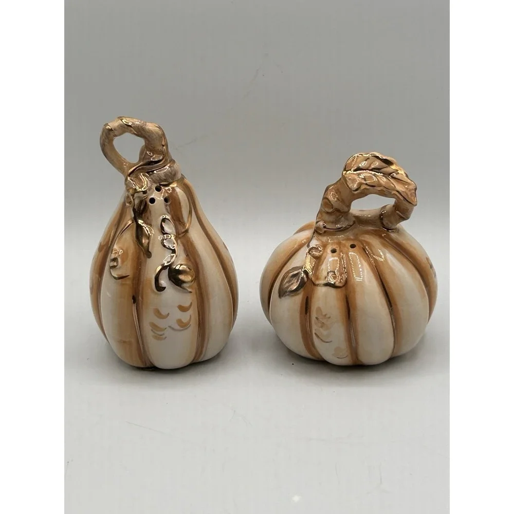 Blue‎ Sky Pumpkin Gourd Salt Pepper Shakers Ivory Gold White Thanksgiving